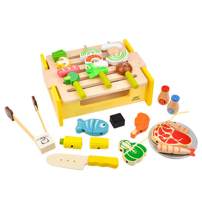Houten speelhuis keuken barbecue set speelgoed koken magnetische mini voedsel opslag barbecue puzzel verlichting speelgoed cadeau